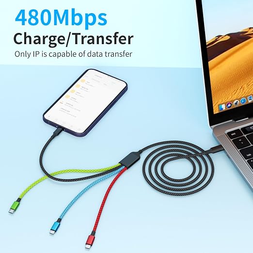 4 in 1 Multi Charging Cable 2 Pack 6FT Charging Cords for Devices | Nylon Braided USB C Car Charger Cable with Dual USB-C IP &amp Micro Ports Long Travel Charging Cord for Cars