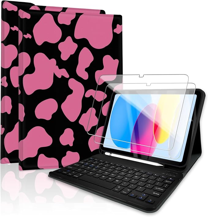for Bluetooth Keyboard for iPad 10th Gen 10.9 inch (2022) case (A16) 11th / 10th Gen Case 11'' (2025) with 7-Color Backlights Pencil Holder Detachable Rechargeable - Black Cow