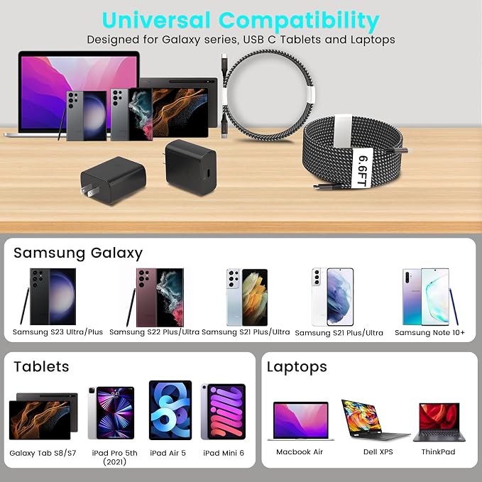 45W USB-C Charger2-Pack 45 Watt Super Fast Charger Type C Wall Charging Block with 2X 10FT Type C Cable for Cable for Samsung Galaxy S26 Ultra/S26/S25+/S25 Ultra/S24+/S23/S22Note 10/20 Tab S9...