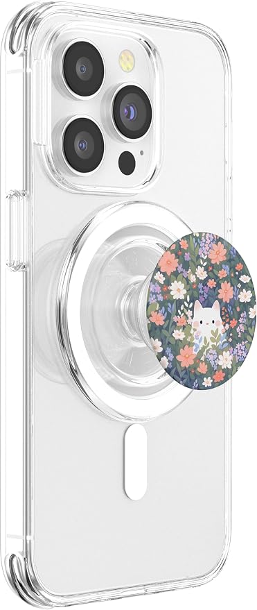 Cute White Cat Hiding in Spring Flowers Botanical Floral PopSockets Adhesive PopGrip