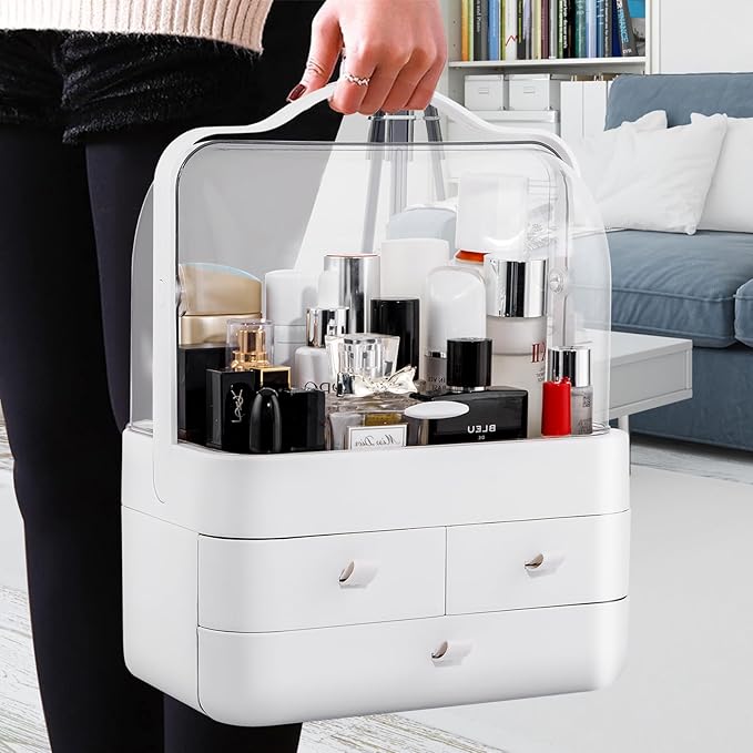 Nervure White Makeup Organizer - Cosmetic Storage Box with Lid - Makeup Organizer Storage Drawersr with Dust Free Cover and Portable Handle for Bathroom Countertop & Dresser & Gift