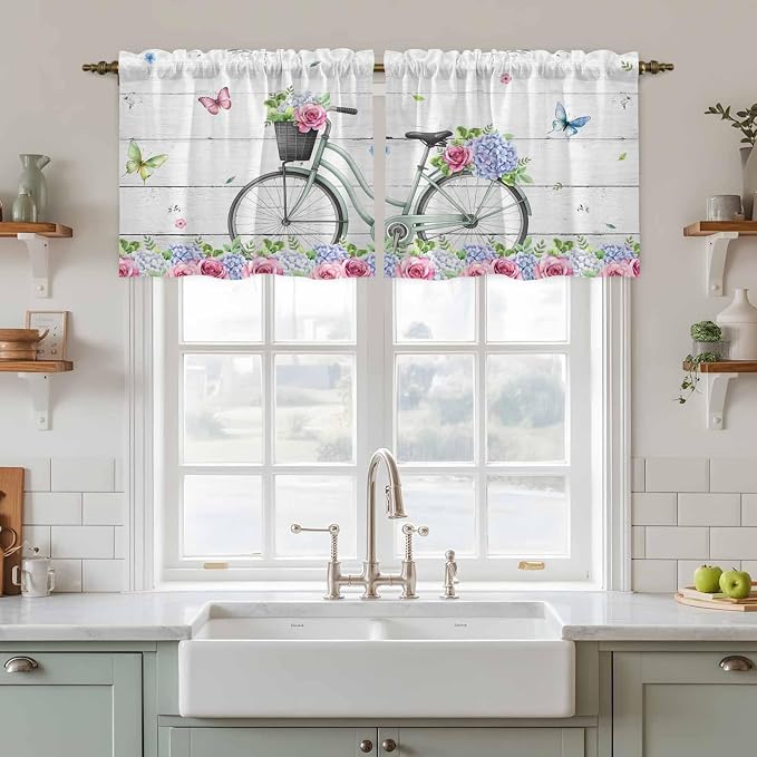 Spring Tier Curtains, Bicycles Botanical Rose Leaves Butterfly Wood Grain Light