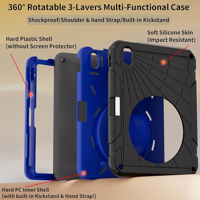 for iPad (A16) 11th/10th Generation Case 2025/2022 (11″/10.9″) Sturdy Heavy Duty Full-Body Shockproof Protective Case Rotating Stand Hand/Shoulder Strap (Black)