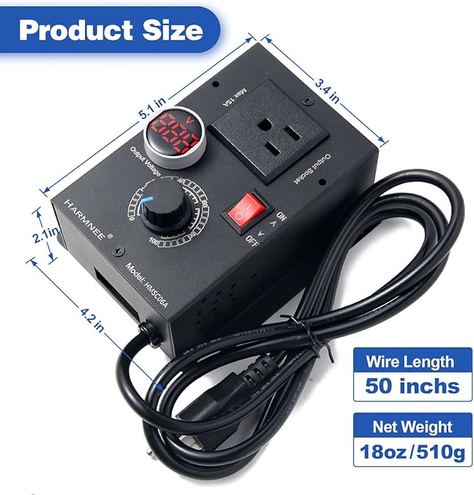 HARMNEE AC Motor Speed Controller 110-120V / 10A Rated / 15A Max, Fan Speed Control AC Electronic Voltage Regulator with Black-Coated Matt Metal Shell & Voltage LED Display Screen