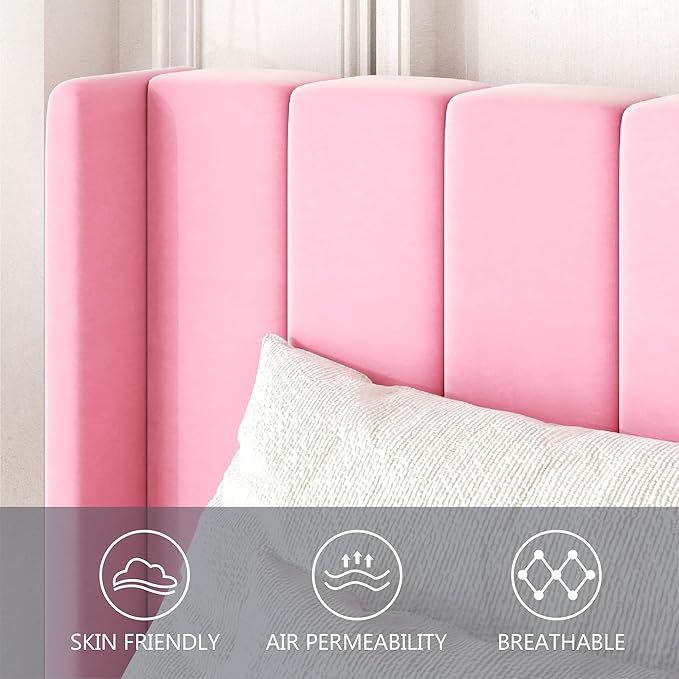 Queen Size Bed Frame with Upholstered Wingback Headboard, Easy Assemnly Platform Bed, Wooden Slat Support No Box Spring Needed, Pink Velvet