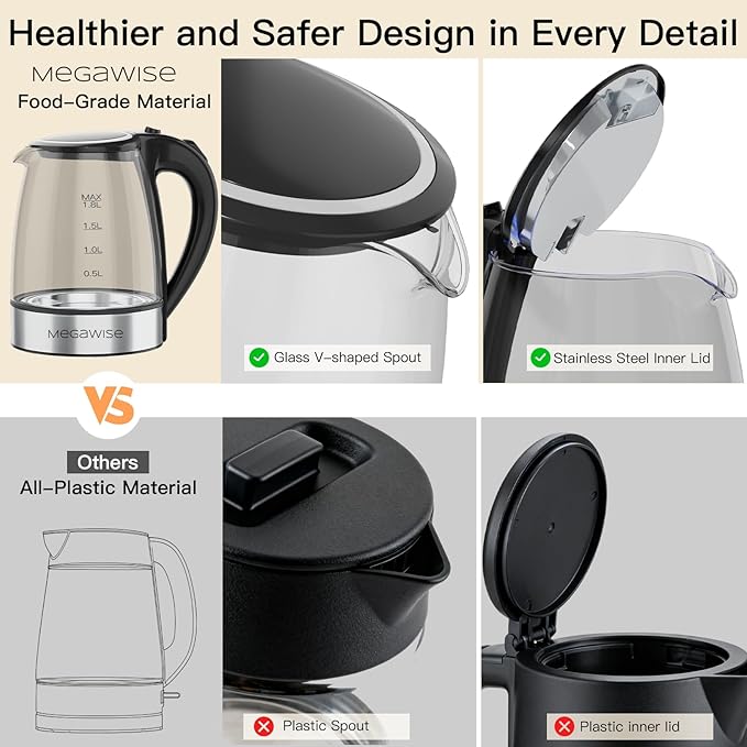 MEGAWISE 1.8L Electric Glass Kettle with Auto Shut-Off and Blue LED