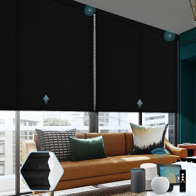SmartWings Motorized Cellular Shades, Honeycomb Blinds Compatible with Zigbee/Alexa/Z-Wave/Homekit, Wireless Remote Control for Smart Home and Office in Customized Size,70% Blackout Carbon Black