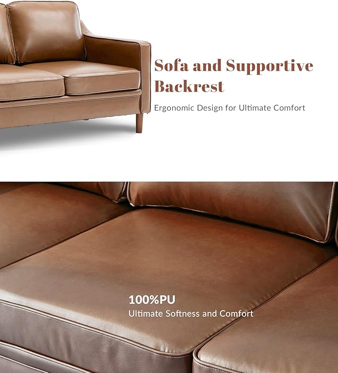 Kingfun 80" Faux Leather Sofa, 3 Seater Couch, Mid Century Modern Couch with Solid Wood Frame for Living Room & Bedroom, Brown