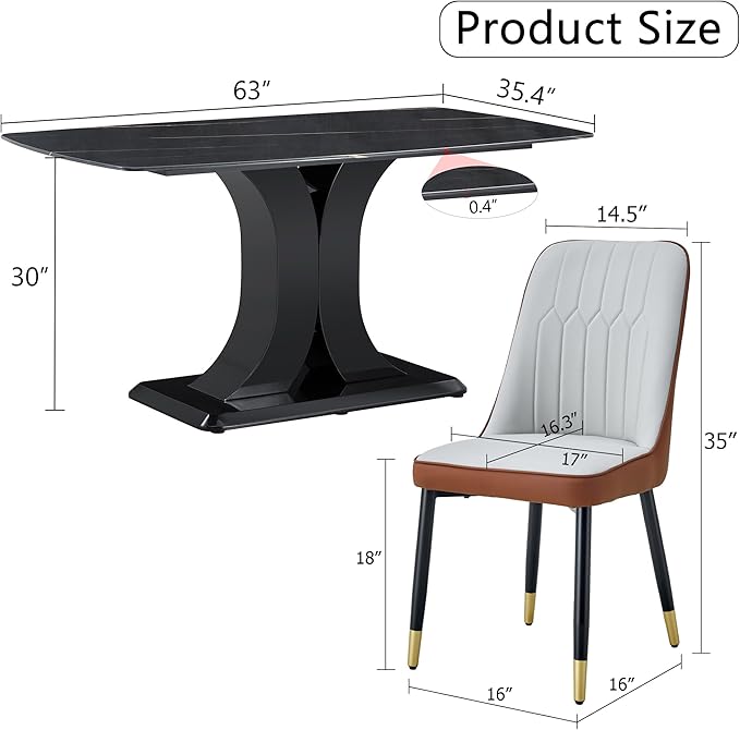 Modern Dining Table Set for 4, Marble Kitchen Table Chair Set for 4, Rectangular Kitchen Table with PU Leather Upholstered Chair for Dining Room (Brown-C)