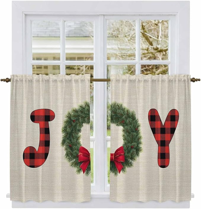 Red Green Christmas Kitchen Curtains 45 Inch Long 2 Panel Set, Rod Pocket