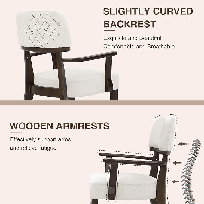 Modern Wood Dining Chairs with Arms, Velvet Upholstered Kitchen Chairs with Open Curved Backrest & Black Hardwood Legs, Accent Chairs 350 LBS Capacity, White