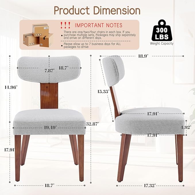 Dining Chairs Set of 6, Mid-Century Modern Upholstered Kitchen Chairs with Curved Backrest and Linen Fabric Seat, Wood Leg Accent Chairs for Dining Room, Living Room, Bedroom, Grey