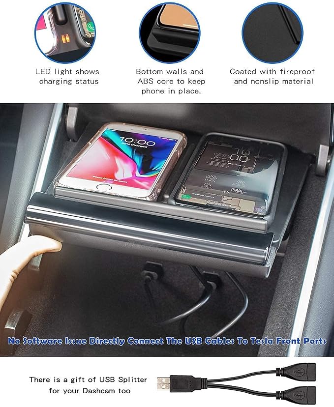 TAPTES Wireless Charger for Tesla Model 3 2017 2018 2019 2020 Dual Phone Charging Pad for Tesla Model 3 Accessories Car Center Console Interior Compatible with iPhone &amp Smartphones Black