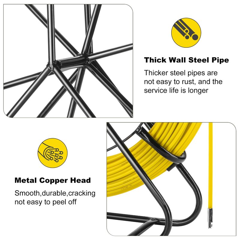 Non-Conductive Fiberglass Fish Tape Duct Rodder, 6mm x 200m (656ft) with Steel Reel Stand, Professional Cable Puller for Electrical Conduit and Wall Installation