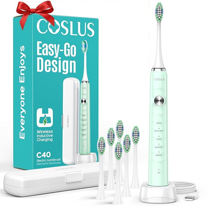 COSLUS Sonic Electric Toothbrush for Kids & Adults: 47000 VPM for Deep Cleaning & Whitening with Travel Case - 5 Modes for Sensitive Teeth & Braces, Wireless Charging, 6 Brush Heads, Green (1PC)