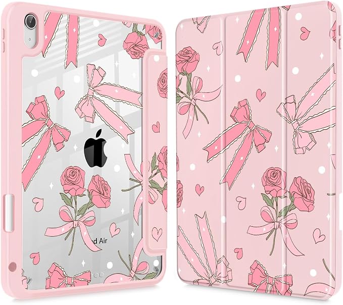 Tuiklol Case for iPad Air 11 Inch M4 2026 / Air 11 Inch M3 2025 / Air 11 Inch M2 2024 / iPad Air 10.9 Inch 2022 2020 Buit in Pencil Holder with Shockproof Cover Clear Transparent Back Black Flower