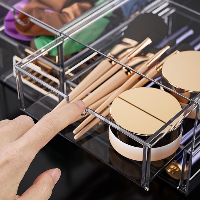 Noverlife Acrylic Hair Accessories Organizer with 4 Drawers, Clear Storage Drawers for Organizing Hair Ties/Jewelry/Sunglass, Stylish Make up Organizer Display & Office Bathroom Desktop Storage Case