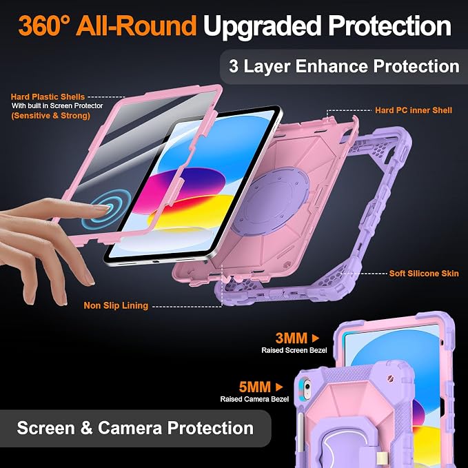 Case for iPad A16 11th/10th Generation 11/10.9 Inch 2025/2022 Dinines Full-Body Drop Protection Shockproof iPad a16 Case with Screen Protector 360° Rotating Stand Shoulder Strap Pencil Holder Black