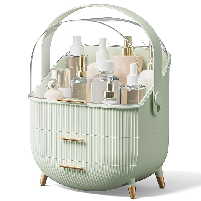 Makeup Organizers, Make Up Organizers for Vanity, Countertop Cosmetic Storage with Drawers and Transparent Cover for Bedroom Bathroom (Light Green)
