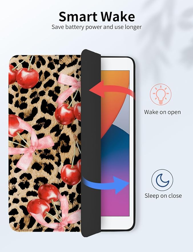 Case for iPad 9th/ 8th/ 7th Generation Case 10.2&amp10.5 Inch (2021/2020/2019 Release) Slim Lightweight Soft Trifold Back Cover with Pencil Holder &amp Auto Sleep/Wake Cover Cherries Cheetah Bows