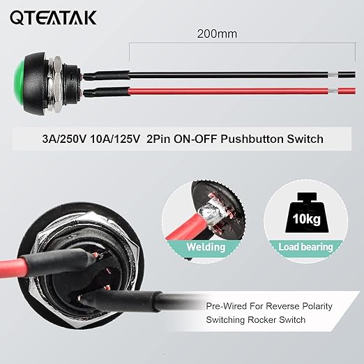 QTEATAK 1/2"(12mm) Pre-Wired Mounting Hole On/Off Green Mini Round Waterproof Momentary Push Button Switch JF-33B -2Pack