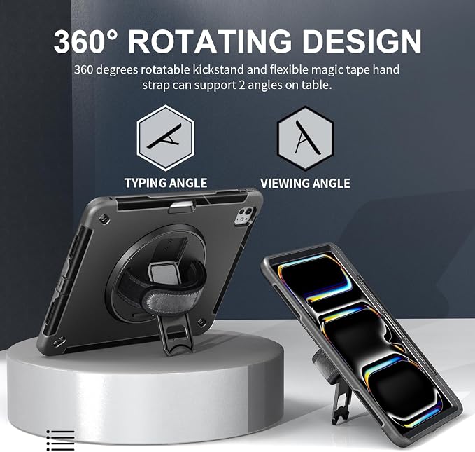 Junfire Protective Case for iPad Pro 11-inch M5/M4-Black | Hand Strap 360°Rotating Kickstand Carrying Shoulder Belt， Pencil Holder Shockproof Rugged