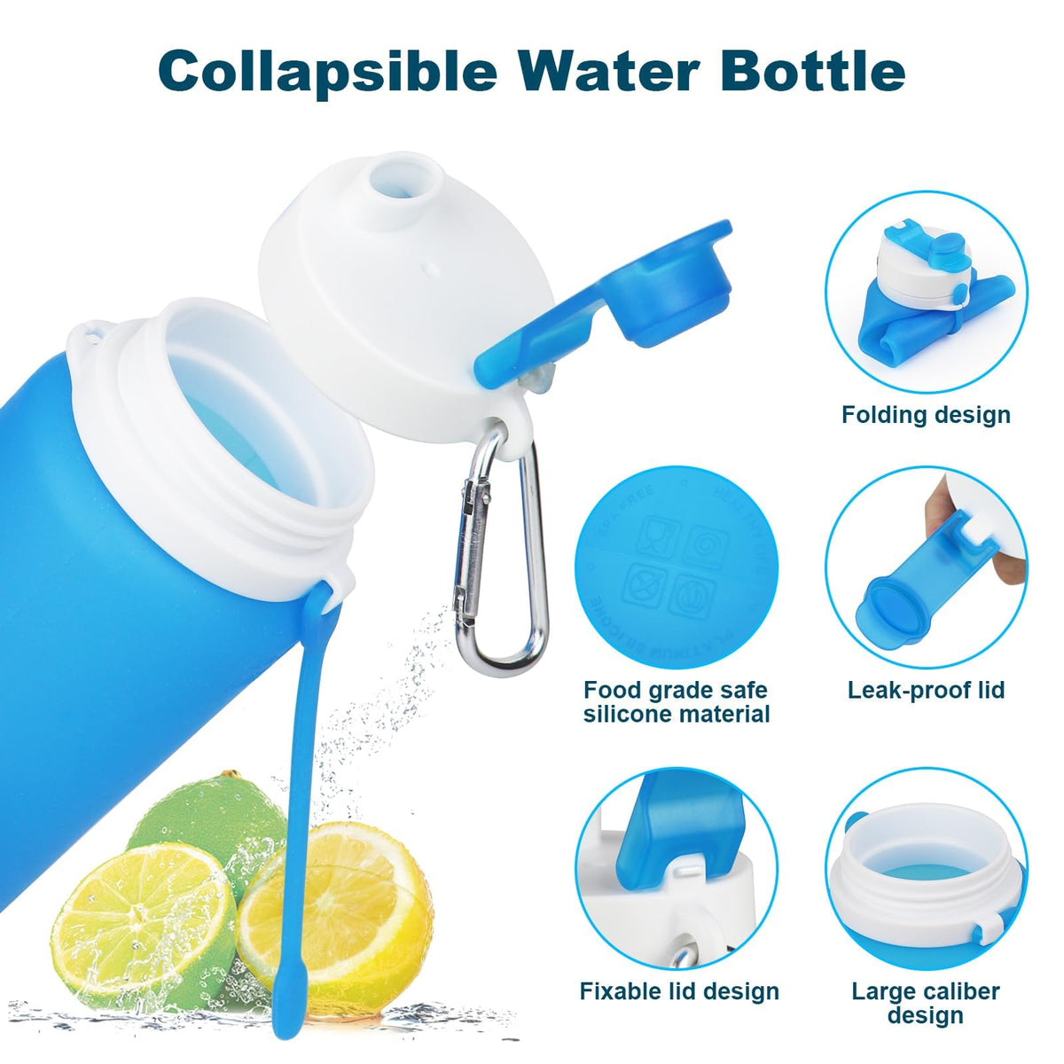 2 Pack Collapsible Water Bottles, 19oz Foldable Silicone Travel Bottles