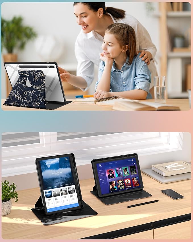 Wazzasoft for Samsung Galaxy Tab S7/S7 Plus/S8 Plus Case - 12.4 Inch Folio Cover with Pencil Holder - Women/Girl Cute Girly Black Flower Unique Design - Rotating Tablet Case