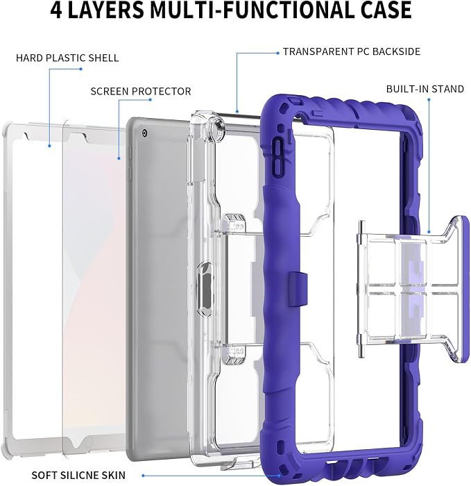 Kids Case for iPad 9th 8th &amp 7th Generation 10.2 Inch Heavy Duty Shockproof Protective Cover with Built-in Screen Protector Kickstand Pencil Holder Hand Strap &amp Shoulder Strap (Black)