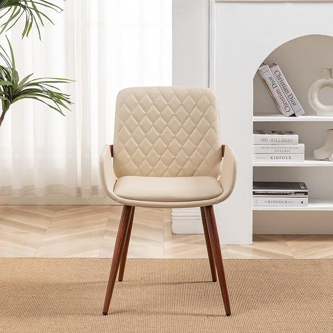 LUNLING Mid Century Modern Dining Chairs Set of 2,Accent Faux Leather Side Chairs Bentwood Frame with Armrest,Metal Legs Chair,Adjustable Foot for Kitchen Room Desk Chair(Cream White)