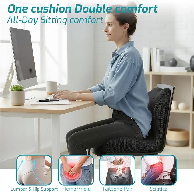 Memory Foam Seat Cushion,Office Chair Cushion with Lumbar Support for Back Pressure Relief,Sciatica,Non Slip Car Seat Cushion with Strap,Pad Orthopedic Cushions for Car,Truck,Desk (D-Black+Mesh Cloth)