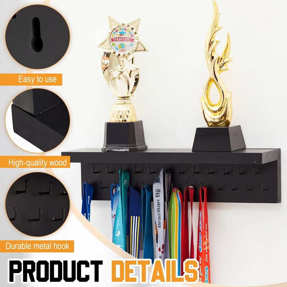 Threehoney Wooden Medal Hanger Display Trophy Holder Shelf with 25/37/49/65/83 Hooks Wall Mount Ribbon Holder Gift for Gymnastics Running Soccer Awards