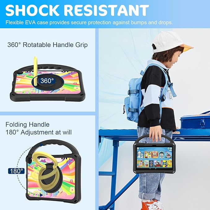 8 Tablet Case for Kids (12th/10th Generation2024/2022 Release) Ubearkk Rotating 360 Kickstand Lightweight Shockproof Protective Case CoverBlack