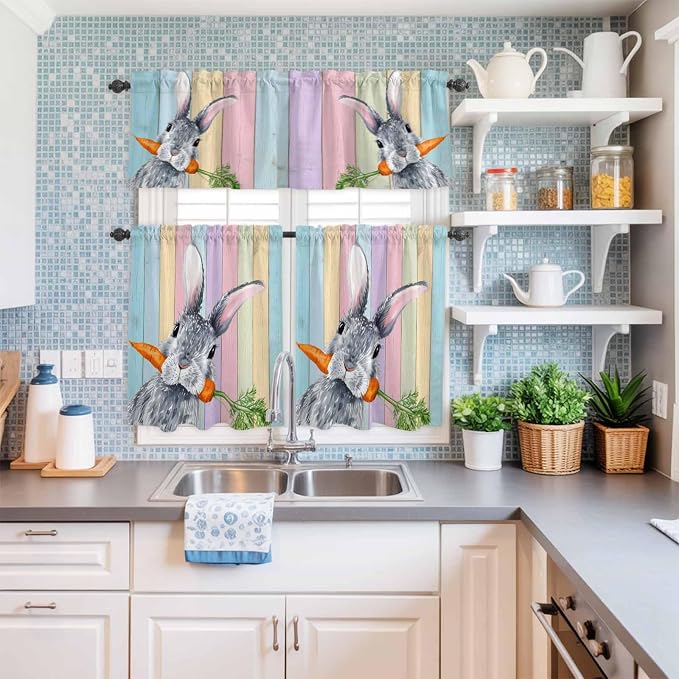 Easter Kitchen Curtain Set, Spring Grey Rabbit Carrots Colorful Wooden Plank