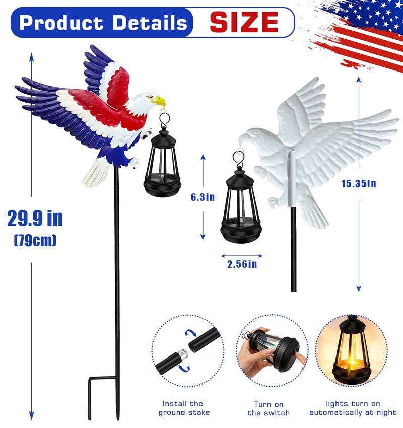 4th of July Decorations Outdoor Solar Lights, Solar Eagle Garden Lights with Lantern, Patriotic Eagle Stake Light for Yard Lawn Garden Patio, USA 250th Anniversary Decor for Memorial Day Veterans Day