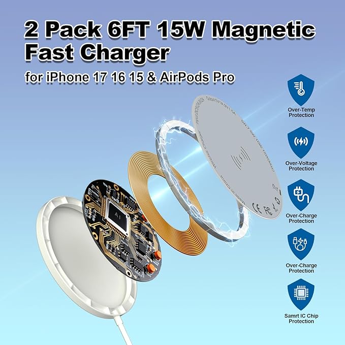 Apple MagSafe Charger 15W Magnetic Wireless Charger for Apple iPhone | iPhone Wireless Charging Pad 6ft Magnetic Charger for iPhone 17 16 15 14 13 12 11 Pro Max Plus/AirPods 2 3 4 Pro 2 3 [2 Pack]