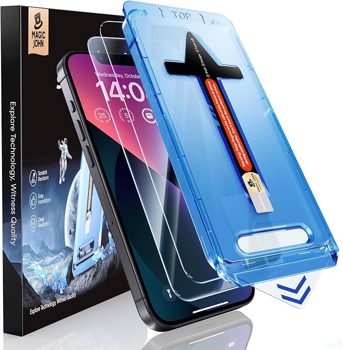 MAGIC JOHN 2 Pack for iPhone 13/14&amp iPhone 13 Pro 6.1 inch Tempered Glass Screen Protector Auto Dust-Elimination Bubble Free HD Clear Easy Installation