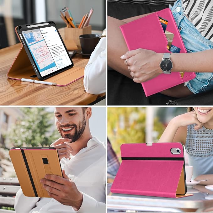 DTTO for iPad (A16) 11th Generation 11-inch &amp 10th Gen Case Brown | Premium Leather Business Cover with Pencil Holder Hand Strap &amp Pocket Corner Protection Auto Sleep/Wake for Work &amp
