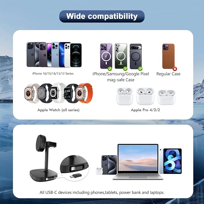 5 in 1 Qi2 Magnetic Wireless Charger Stand with Cooling Fan &amp LED Light Fast Wireless Charging Station for iPhone 17/16/15/14/13/12 AirPods Apple Watch - 65W Adapter &amp Retractable USB-C Cab