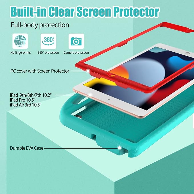 Kids Case for iPad 10.2 &amp 10.5 iPad 9th/8th/7th Generation 10.2 2021 2020 2019 Case with Screen Protector iPad Air 3rd Gen/Pro 10.5 inch Protective Cover with Handle Stand Black