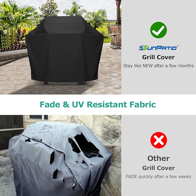 SunPatio BBQ Grill Cover 70 Inch, Outdoor Heavy Duty Waterproof Barbecue Gas Grill Cover, Fade Resistant, All Weather Protection Compatible for Weber Charbroil Kenmore Brinkmann and More, Black
