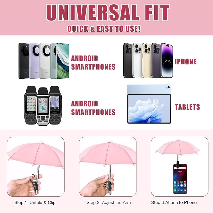 2 PCS Phone Umbrella for Sun Mini Umbrella for Phone with Clip Bracket Used to Shade The Device and Prevent Dizziness Suitable for Beach Pool Outdoor (Black + Pink)