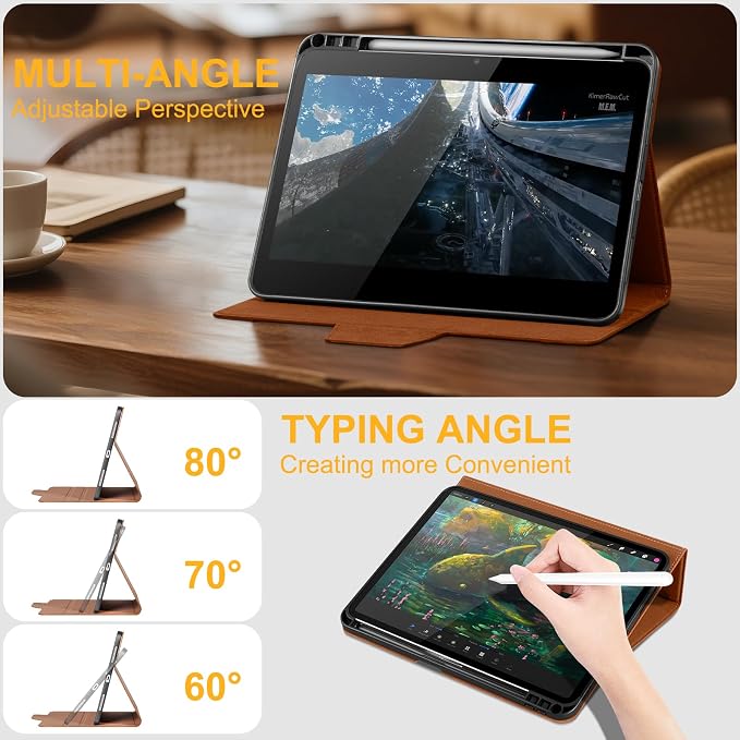 Case for iPad Air 11 M4/M3/M2 5th/4th Gen 10.9 Black | Genuine Leather Pencil Holder Magnetic Closure Smart Cover Auto Wake/Sleep Adjustable Stand