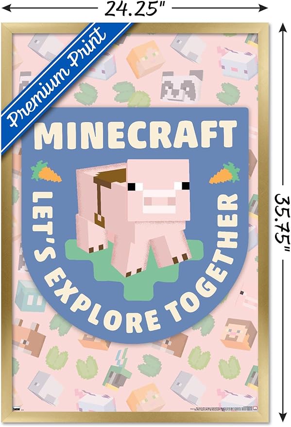 Trends International Minecraft - Let's Explore Together Wall Poster, 34L x 22.4W, Gold Framed Version