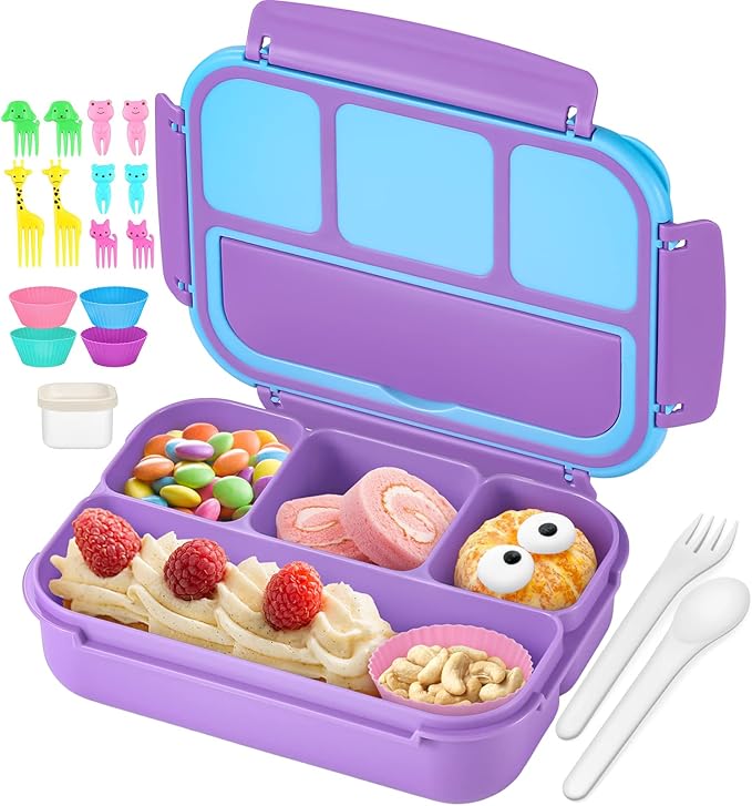 QQKO Bento Lunch Box for Kids Girls Boys, Toddler Kids Lunch Boxes for School, Lunch Containers for Adults with 4 Compartments, Sauce Container, Utensils, Food Picks and Muffin Cups, Purple