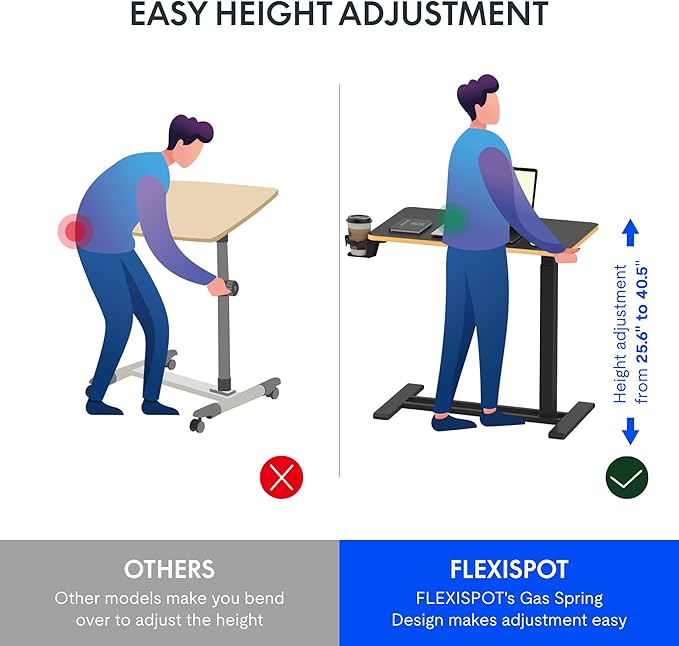 FLEXISPOT Mobile Standing Desk with Wheels Pneumatic Laptop Desk Rolling Computer Cart Movable Height Adjustable Small Sit Stand Desk Computer Workstations Home Use（27.6" W x 15.7" D, Black+Maple