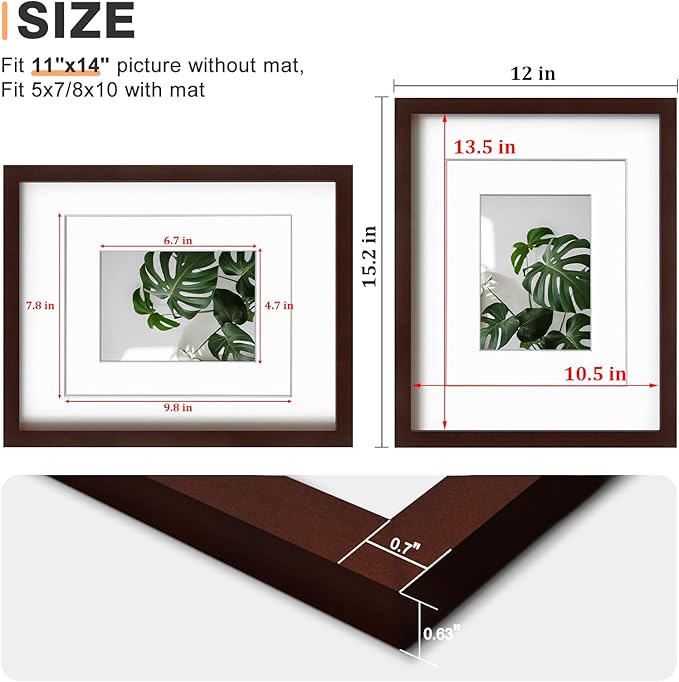 Egofine 11x14 Picture Frame Made of Solid Wood with Plexiglass, Display Pictures 5x7/8x10 with Mat or 11x14 Without Mat for Tabletop and Wall Mounting, Walnut Color
