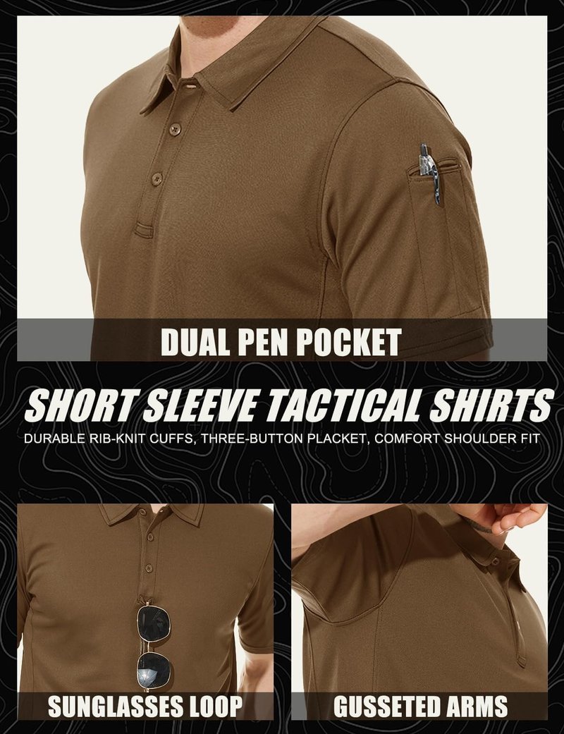 MAGCOMSEN Mens Polo Shirts Short Sleeve Golf Work Casual Quick Dry Breathable Summer Shirt Brown M