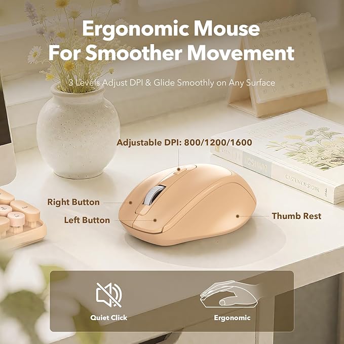 Wireless Keyboard and Mouse Combo, Retro Round Keycaps, Cute Full-Size Typewriter Keyboard with Phone Holder, Sleep Mode, 2.4GHz Cordless Connection for Windows/PC/Laptop (Milk-Tea Colorful)