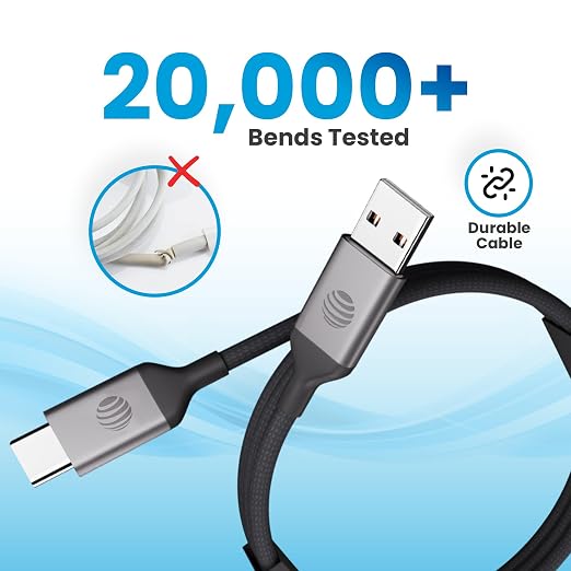 AT&ampT USB-A to USB-C Cable 6ft Braided Nylon – 60W Fast Charging USB-IF Certified 480Mbps Data Transfer – Compatible with iPhone 15/16 Galaxy Pixel Tablets &amp More – Black
